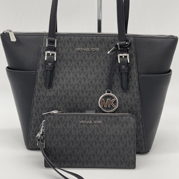 Michael Kors Large Charlotte Bag & Large Double Zip Wallet Black - Picture 1 of 11